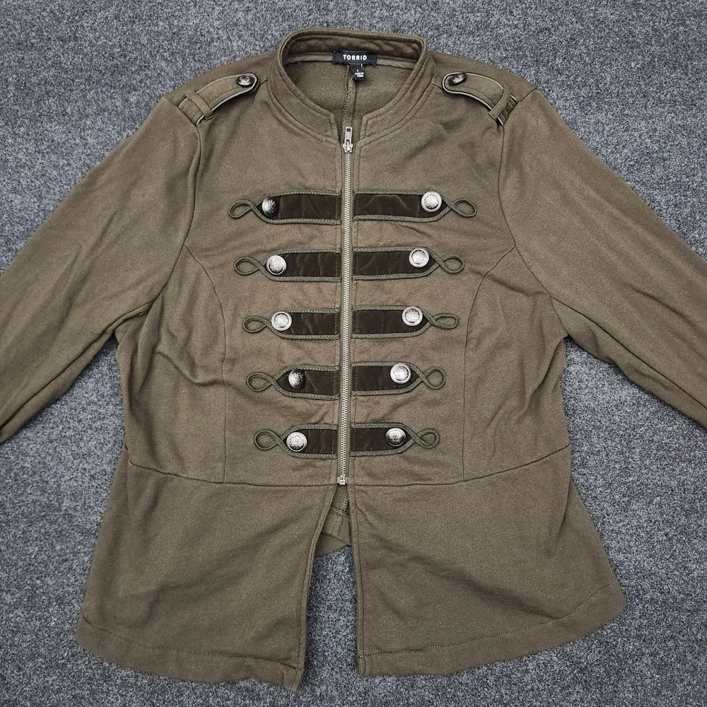 Torrid Women's Plus 1X Embellished Zip Front Military Jacket Olive Green Boho - Picture 1 of 11
